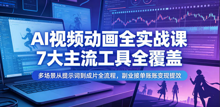 AI视频动画全实战课，7大主流工具全覆盖，多场景从提示词到成片全流程，副业接单账号变现提效-宝藏屋创业网