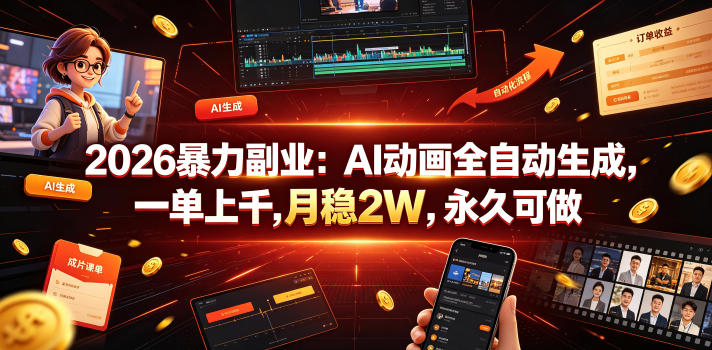 2026暴力副业：AI动画全自动生成，一单上千，月稳2W，永久可做【揭秘】-宝藏屋创业网