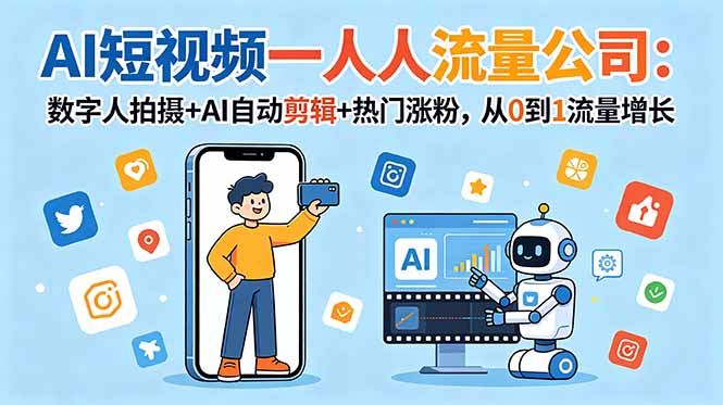 AI短视频一人流量公司：数字人拍摄+AI自动剪辑+热门涨粉，从0到1流量增长-宝藏屋创业网