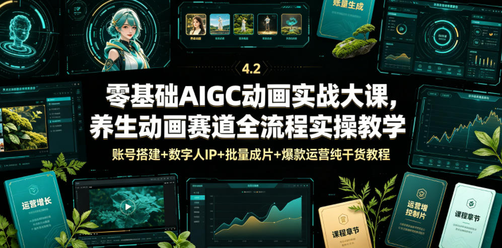 零基础AIGC动画实战大课，养生动画赛道全流程实操教学，账号搭建+数字人IP+批量成片+爆款运营纯干货教程-宝藏屋创业网