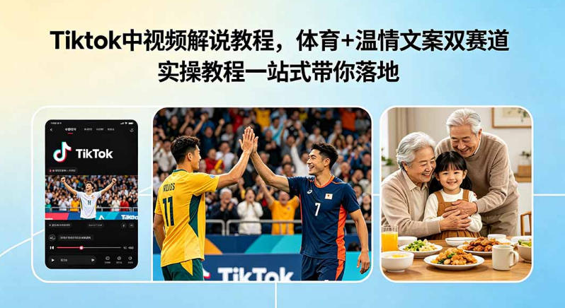 Tiktok中视频解说教程，体育+温情文案双赛道实操教程一站式带你落地，教你出海賺美刀-宝藏屋创业网