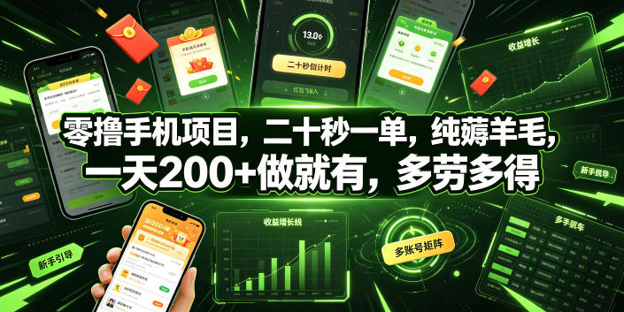 零撸手机项目，二十秒一单，纯薅羊毛，一天200+做就有，多劳多得【揭秘】-宝藏屋创业网
