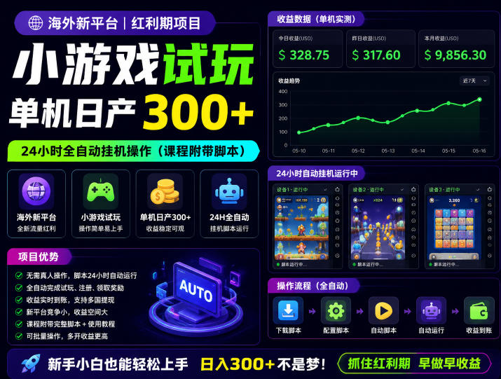 海外新平台，小游戏试玩，单机日产300+，24小时全自动挂G操作（课程附带脚本）【揭秘】-宝藏屋创业网