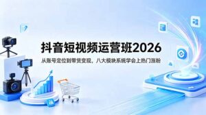 抖音短视频运营班2026：从账号定位到带货变现，八大模块系统学会上热门涨粉-宝藏屋创业网