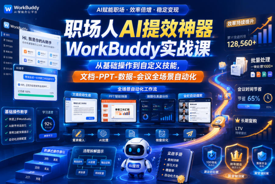 职场人AI提效神器WorkBuddy实战课，从基础操作到自定义技能，文档-PPT-数据-会议全场景自动化-宝藏屋创业网