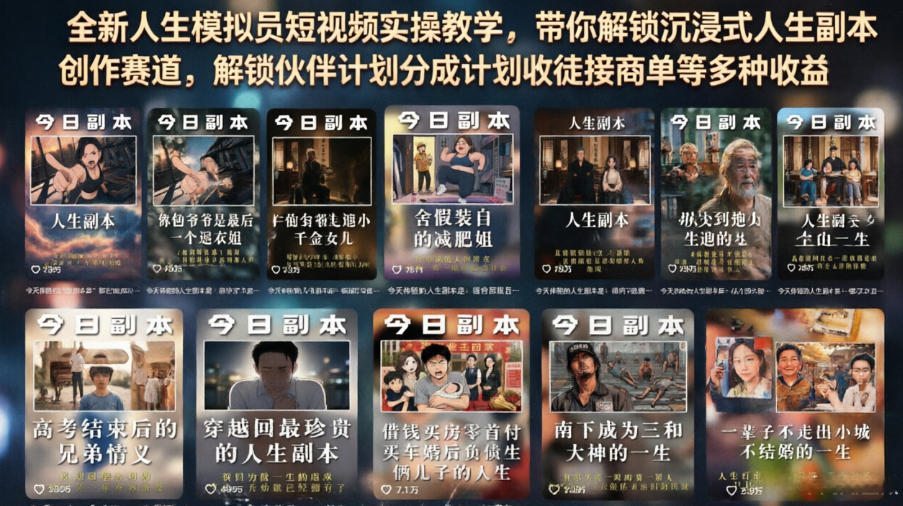 全新人生模拟员短视频实操教学，带你解锁沉浸式人生副本创作赛道，解锁伙伴计划分成计划收徒接商单等多种收益-宝藏屋创业网