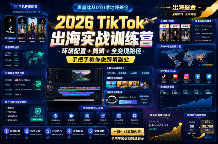 2026 TikTok出海实战训练营，环境配置 + 剪辑 + 全变现路径，手把手教你做跨境副业-宝藏屋创业网