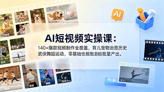 AI短视频实操课：140+爆款视频制作全覆盖，育儿宠物治愈历史武侠舞蹈运动，零基础也能批量产出-宝藏屋创业网