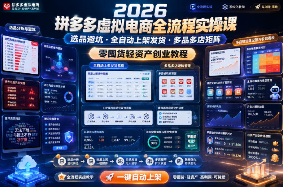2026拼多多虚拟电商全流程实操课，选品避坑・全自动上架发货・多品多店矩阵，零囤货轻资产创业教程-宝藏屋创业网