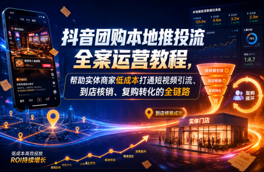 抖音团购本地推投流全案运营教程，帮助实体商家低成本打通短视频引流、到店核销、复购转化的全链路-宝藏屋创业网