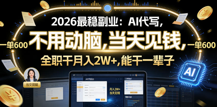 2026最稳副业：AI代写，不用动脑，当天见钱，一单600，全职干月入2W+，能干一辈子【揭秘】-宝藏屋创业网