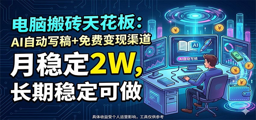 电脑搬砖天花板：AI自动写稿+免费变现渠道，月稳定2W，长期稳定可做-宝藏屋创业网