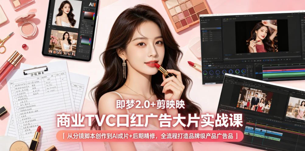 即梦2.0+剪映商业TVC口红广告大片实战课｜从分镜脚本创作到AI成片+后期精修，全流程打造品牌级产品广告-宝藏屋创业网
