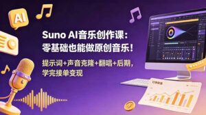 Suno AI音乐创作课:零基础也能做原创音乐!提示词+声音克隆+翻唱+后期,学完接单变现-宝藏屋创业网