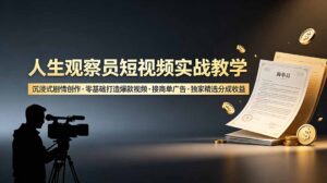 人生观察员短视频实战教学，沉浸式剧情创作，零基础打造爆款视频，接商单广告，独家精选分成收益-宝藏屋创业网