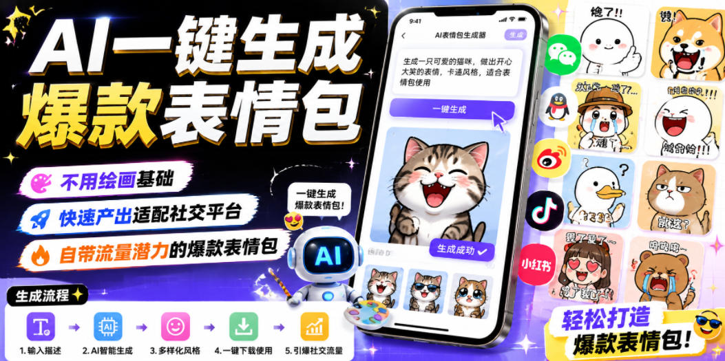 AI一键生成爆款表情包，不用绘画基础，快速产出适配社交平台，自带流量潜力的爆款表情包-宝藏屋创业网
