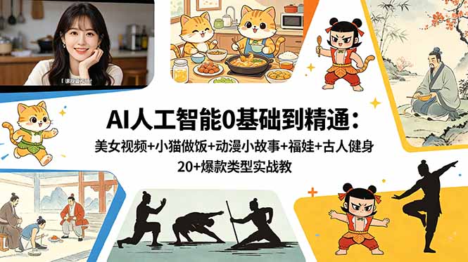 AI人工智能0基础到精通：美女视频+小猫做饭+动漫小故事+福娃+古人健身，20+爆款类型实战教学-宝藏屋创业网
