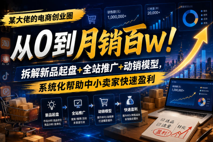 某大佬的电商创业圈从0到月销百W！拆解新品起盘+全站推广+动销模型，系统化帮助中小卖家快速盈利-宝藏屋创业网