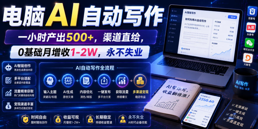 电脑AI自动写作，一小时产出500+，渠道直给，0基础月增收1-2W，永不失业【揭秘】-宝藏屋创业网