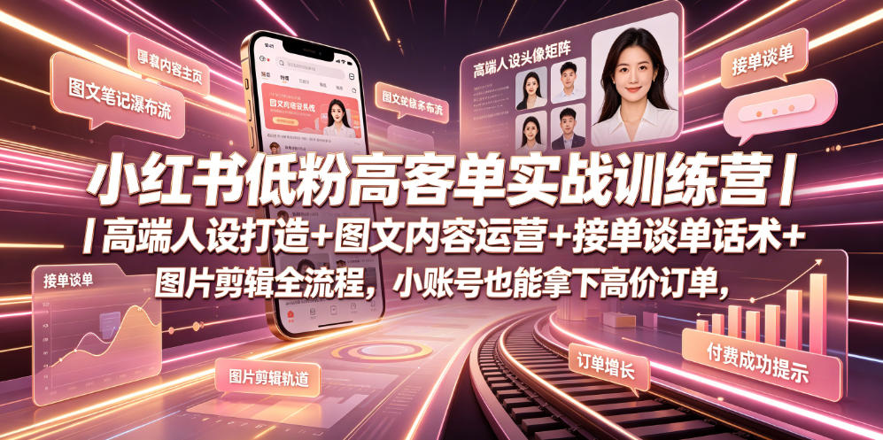 小红书低粉高客单实战训练营｜高端人设打造+图文内容运营+接单谈单话术+图片剪辑全流程，小账号也能拿下高价订单-宝藏屋创业网