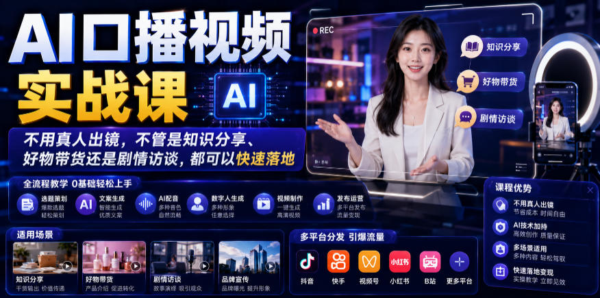 AI口播视频实战课，不用真人出镜，不管是知识分享、好物带货还是剧情访谈，都可以快速落地-宝藏屋创业网