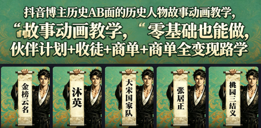 抖音博主历史AB面的历史人物故事动画教学，零基础也能做，伙伴计划+收徒+商单全变现路径教学-宝藏屋创业网