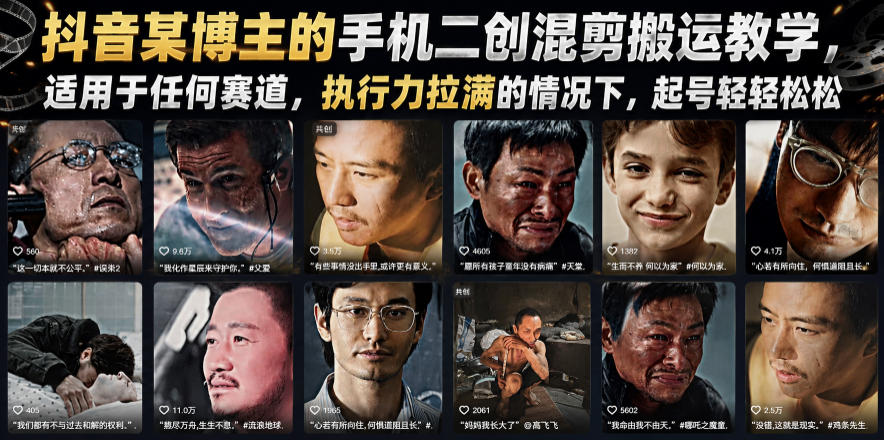 抖音某博主的手机二创混剪搬运教学，适用于任何赛道，执行力拉满的情况下，起号轻轻松松-宝藏屋创业网