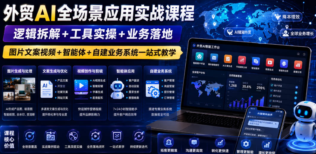 外贸AI全场景应用实战课程｜逻辑拆解+工具实操+业务落地，图片文案视频+智能体+自建业务系统一站式教学-宝藏屋创业网