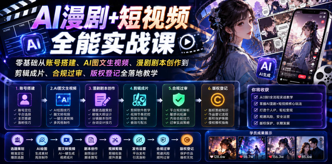AI漫剧+短视频全能实战课｜零基础从账号搭建、AI图文生视频、漫剧剧本创作到剪辑成片、合规过审、版权登记全落地教学-宝藏屋创业网