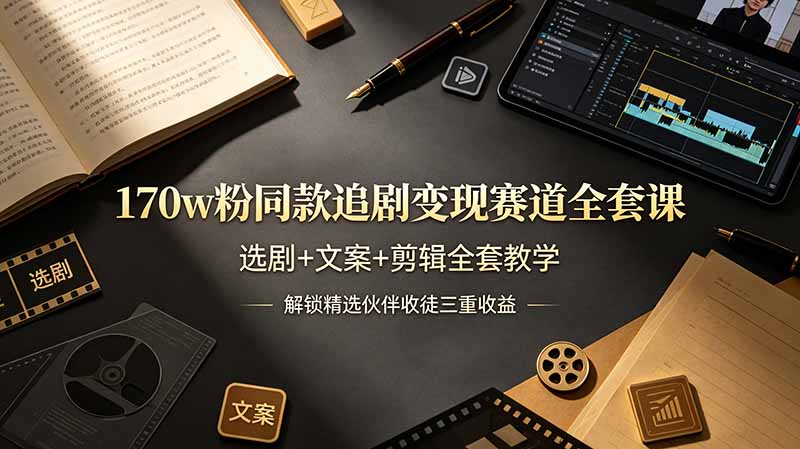 170w粉博主同款追剧变现赛道全套课，选剧+文案+剪辑全套教学，解锁精选伙伴收徒三重收益-宝藏屋创业网
