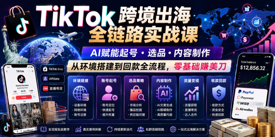 TikTok跨境出海全链路实战课，AI赋能起号・选品・内容制作，从环境搭建到回款全流程，零基础賺美刀-宝藏屋创业网