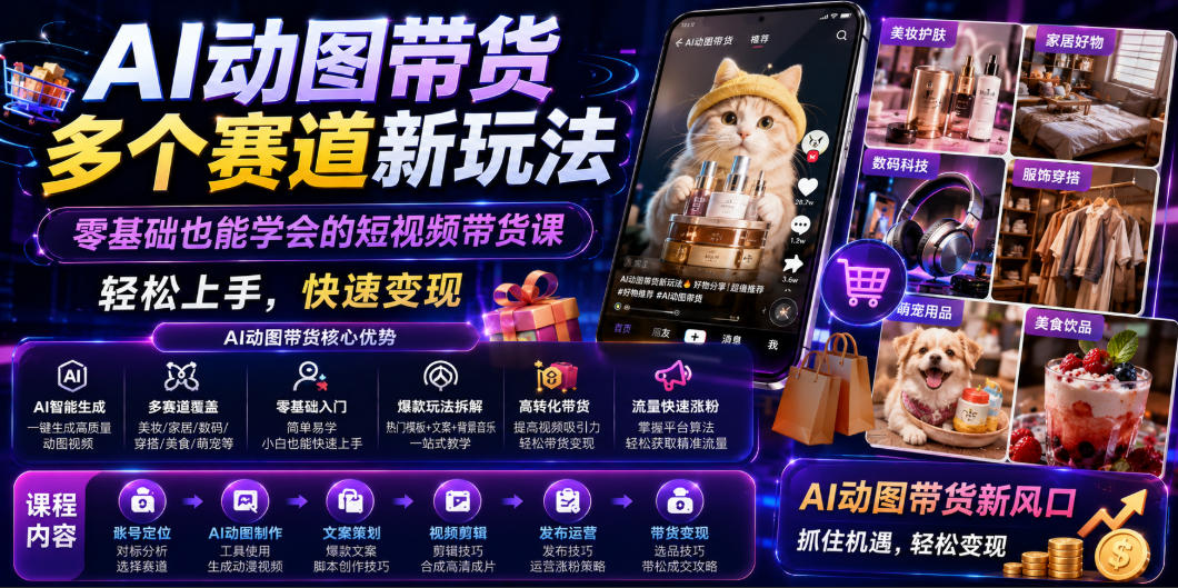 AI动图带货多个赛道新玩法，零基础也能学会的短视频带货课，轻松上手，快速变现-宝藏屋创业网