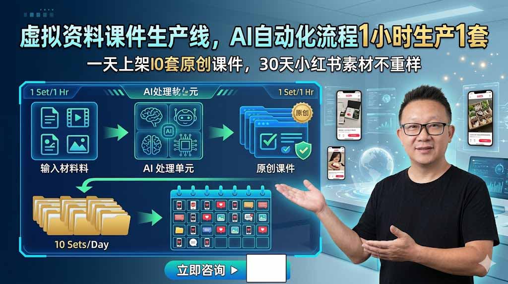 虚拟资料课件生产线，AI自动化流程1小时生产1套，一天上架10套原创课件，30天小红书素材不重样-宝藏屋创业网