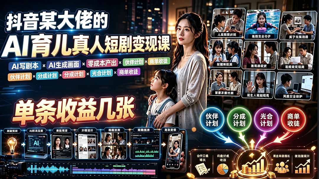 AI育儿真人短剧变现课：AI写剧本×AI生成画面×零成本产出×伙伴计划×分成计划×光合计划×商单收徒-宝藏屋创业网
