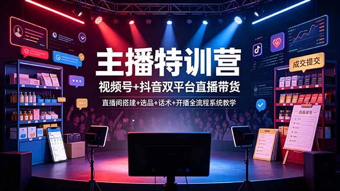 主播特训营：视频号+抖音双平台直播带货，直播间搭建+选品+话术+开播全流程系统教学-宝藏屋创业网