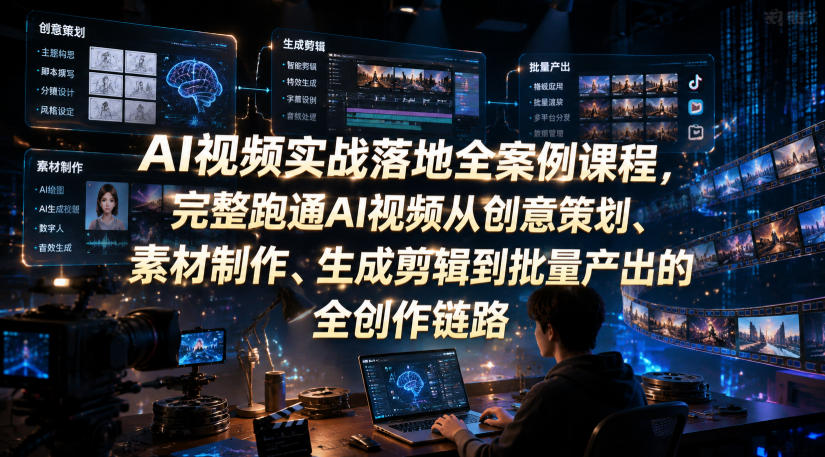 AI视频实战落地全案例课程，完整跑通AI视频从创意策划、素材制作、生成剪辑到批量产出的全创作链路-宝藏屋创业网
