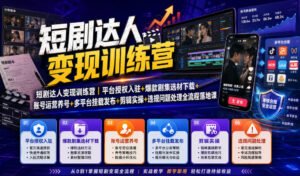 短剧达人变现训练营|平台授权入驻+爆款剧集选材下载+账号运营养号+多平台挂载发布+剪辑实操+违规问题处理全流程落地课-宝藏屋创业网