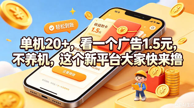 单机20+，看一个广告1.5米，不养机，这个新平台大家快来撸【揭秘】-宝藏屋创业网