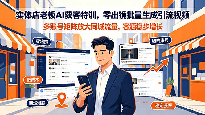实体店老板AI获客特训，零出镜批量生成引流视频，多账号矩阵放大同城流量，客源稳步增长-宝藏屋创业网
