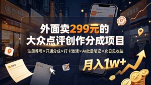 （19488期）外面卖299元的大众点评创作分成项目：注册养号×开通分成×打卡激活×AI批量笔记×次日见收益，月入1w+-宝藏屋创业网