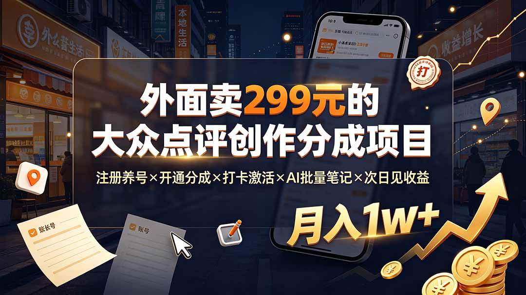 （19488期）外面卖299元的大众点评创作分成项目：注册养号×开通分成×打卡激活×AI批量笔记×次日见收益，月入1w+-宝藏屋创业网