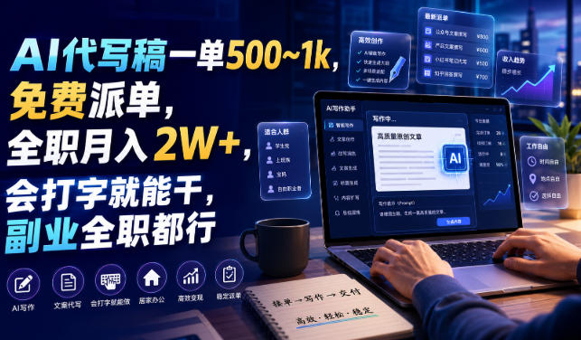AI代写稿一单500~1k，免费派单，全职月入2W+，会打字就能干，副业全职都行【揭秘】-宝藏屋创业网