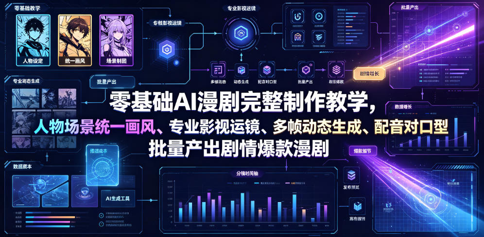 零基础AI漫剧完整制作教学，人物场景统一画风、专业影视运镜、多帧动态生成、配音对口型，批量产出剧情爆款漫剧-宝藏屋创业网