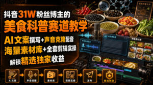 抖音31W粉丝博主的美食科普赛道教学，AI文案撰写+声音克隆配音+剪辑实操，解锁精选独家收益-宝藏屋创业网