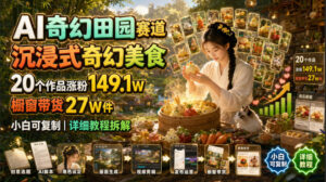 AI奇幻田园赛道,沉浸式奇幻美食,20个作品涨粉149.1W,橱窗带货27W件,小白可复制,详细教程拆解-宝藏屋创业网