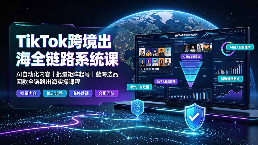 TikTok跨境出海全链路系统课-2026年7月：AI自动化内容｜批量矩阵起号｜蓝海选品回款全链路出海实操课程-宝藏屋创业网