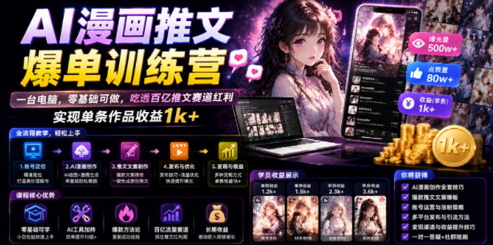 AI漫画推文爆单训练营，一台电脑，零基础可做，吃透百亿推文赛道红利，实现单条作品收益1k+-宝藏屋创业网