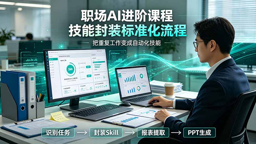 职场AI进阶课程；多类实用Skill工具实操，专属技能封装标准化流程，报表行业报告一键提取核心内容-宝藏屋创业网