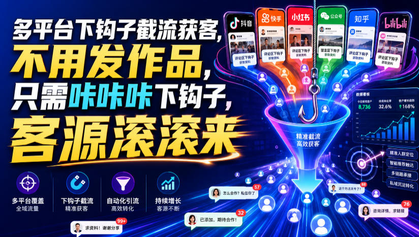 多平台下钩子截流获客，不用发作品，只需咔咔咔下钩子，客源滚滚来-宝藏屋创业网
