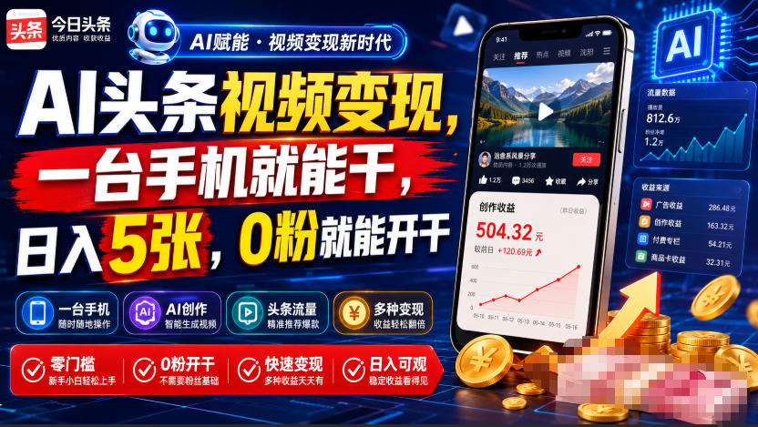 AI头条视频变现，一台手机就能干，日入5张，0粉就能开干-宝藏屋创业网